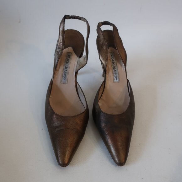 Womens Manolo Blahnik Bronze Leather Slingback Pointed Toe Heels 9.5 - Picture 1 of 12